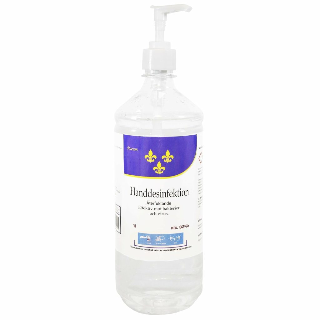 Handdesinfektion 80% från Purum Nordic i 1L-flaska med pump.