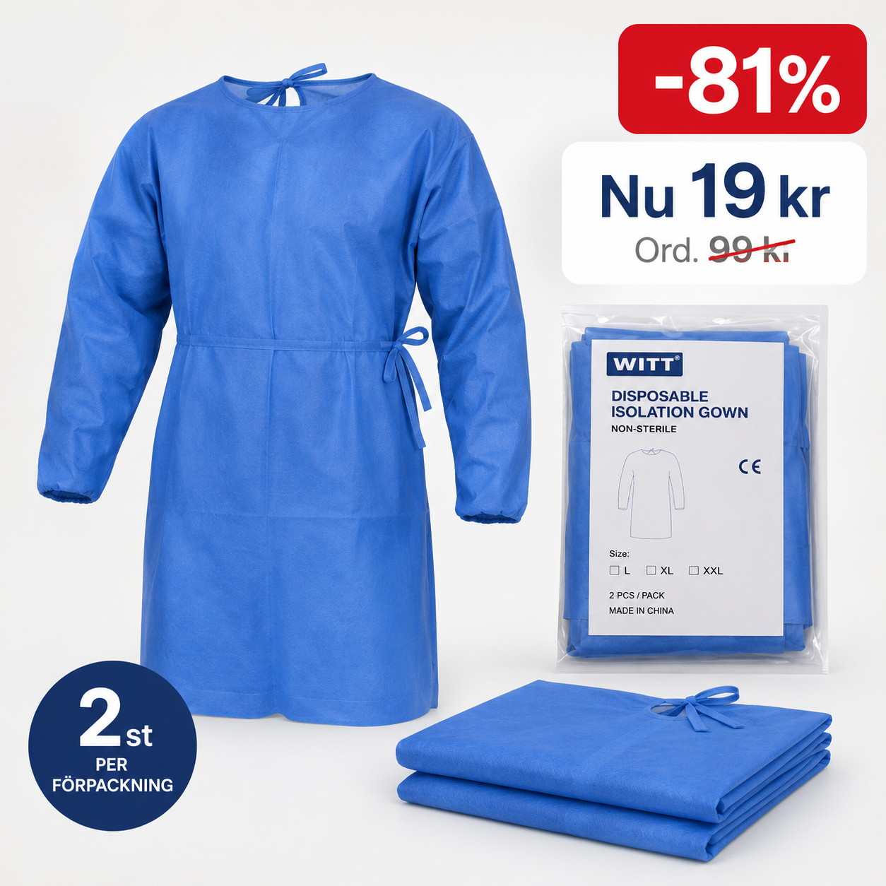 WITT Engångs Isoleringsrock Blå 2-pack – Kampanj 19 kr WITT engångs isoleringsrock blå 2-pack med rabatt 81 procent