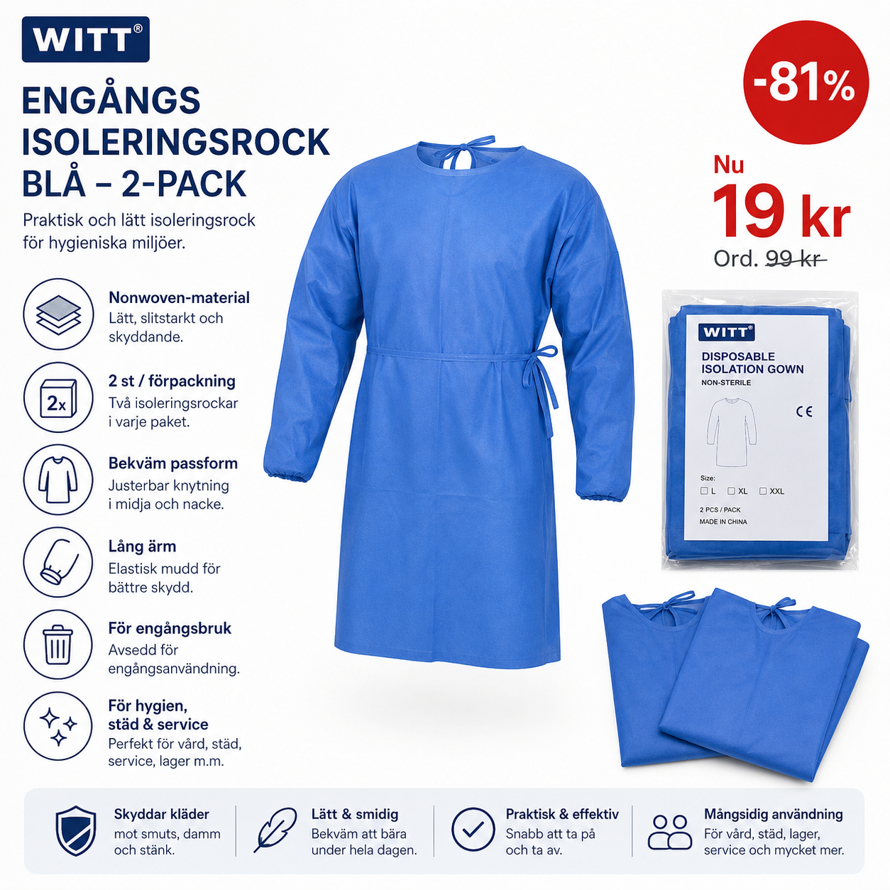 WITT Isoleringsrock Blå 2-pack – Skyddsrock för hygien städ och service WITT blå isoleringsrock 2-pack skyddsrock för hygien städ service lager och vård