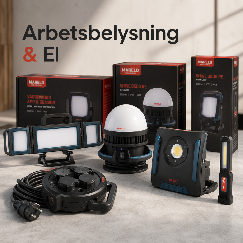 Arbetsbelysning från Mareld med arbetslampor, belysningsutrustning och elprodukter för bygg, verkstad och hemmafix.