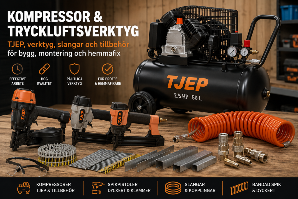 Kompressor tryckluftsverktyg kategori med TJEP-kompressor, tryckluftsdrivna verktyg, slang, kopplingar och bandad spik