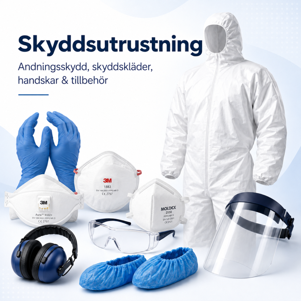 Skyddsutrustning med andningsskydd från 3M och Moldex samt skyddskläder, handskar och personlig säkerhetsutrustning.