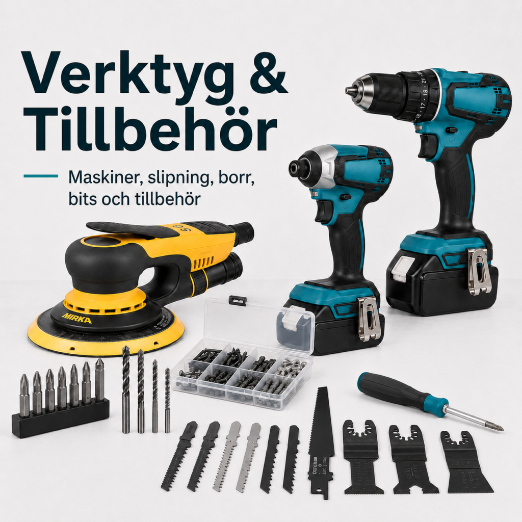 Verktyg och tillbehör kategori med sågblad, borr, multiverktygsblad, bits, skruv, spik, plugg och handverktyg